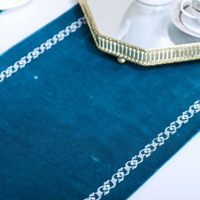 Gracie Zari Embroidery Velvet Runner 35x120 Cm Blue Silver