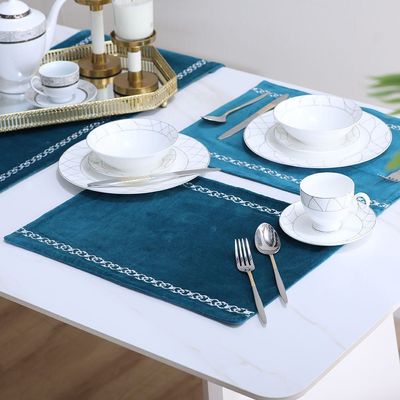 Gracie Zari Embroidery Velvet Placemat 35x45 Cm Blue Silver