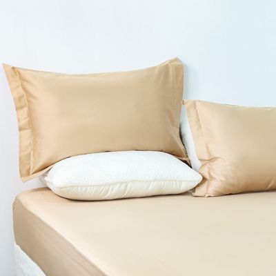 Serene 3-Piece 300 Tc Cotton Queen Fitted Sheet Set 160 X 200 + 35 Cm,50X75Cm Beige