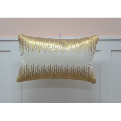 Gleam Cotton Velvet Cushion With Sequence Work Off White 30X50Cm (Fsi/25)