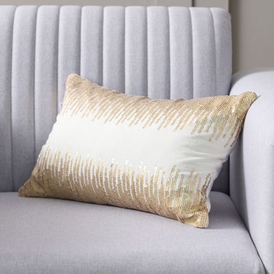 Gleam Cotton Velvet Cushion with Sequence Work - Off White/Gold - 30x50 cm 