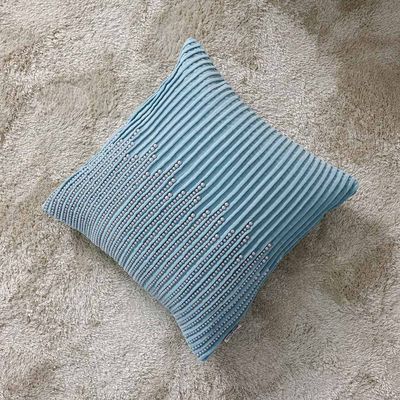 Gleam Cotton Velvet Cushion with Moti Hand Work - Light Blue - 45x45 cm 