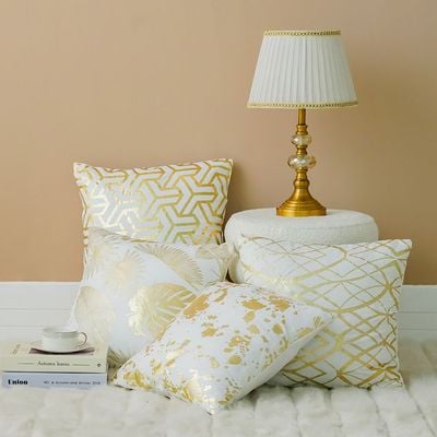 Majestic Geometric Flock Printed Cushion - White/Gold