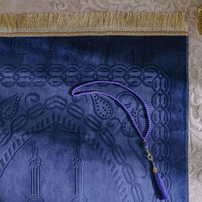 Aw24-Janamaz Embossed Prayer Mat With Beads Blue 70X110 Cm (Ht-002B)