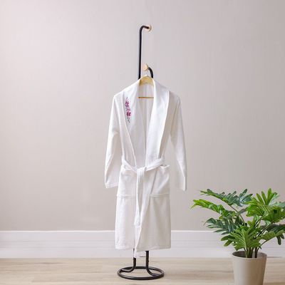 Ss25-Eleganza Shawl Collar Bathrobe With Embroidery White