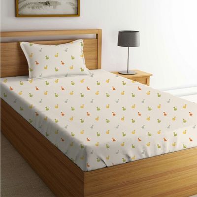 Dreamz Dino Cotton Digital Printed Fitted Sheet With 1 Pillow Case-70x130+20 cm