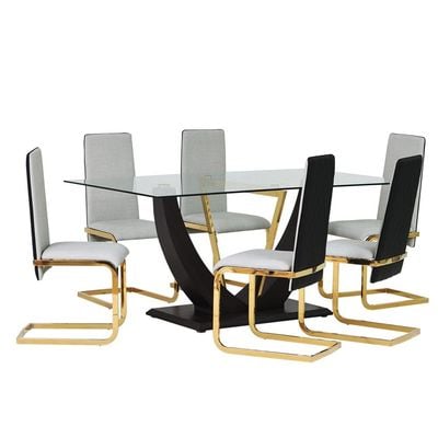 Vicente 1+6 Glass Dining Set - White / Golden