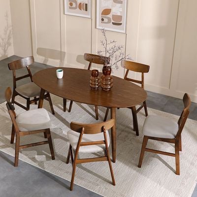 Acton 1+6-Seater Solid Wood Dining Set - Walnut/Beige - With 2-Year Warranty