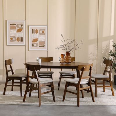 Acton 1+6-Seater Solid Wood Dining Set - Walnut/Beige - With 2-Year Warranty