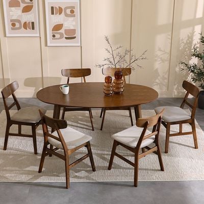 Acton 1+6-Seater Solid Wood Dining Set - Walnut/Beige - With 2-Year Warranty