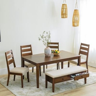 Tovia 1+4+Bench Solid Wood Dining Set with Storage - Walnut/Beige - With 2-Year Warranty