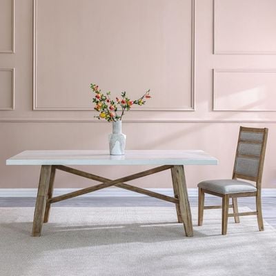 Karrisa 1+6 Seater Marble/Acacia Wood Dining Set - White/Natural Oak - With 2-Year Warranty