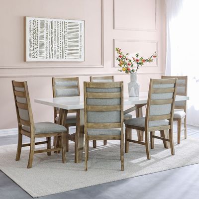 Karrisa 1+6 Seater Marble/Acacia Wood Dining Set - White/Natural Oak - With 2-Year Warranty