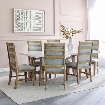 Karrisa 1+6 Seater Marble/Acacia Wood Dining Set - White/Natural Oak - With 2-Year Warranty