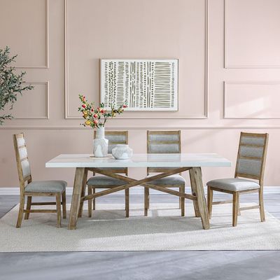 Karrisa 1+6 Seater Marble/Acacia Wood Dining Set - White/Natural Oak - With 2-Year Warranty