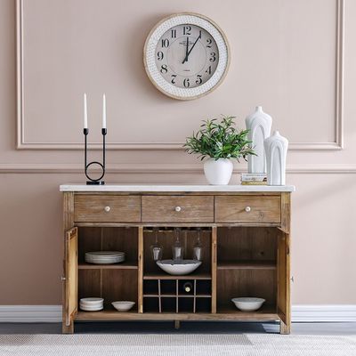 Karrisa Marble Top Buffet Table | 3 Drawers & 3 Doors - White/Natural Oak - With 2-Year Warranty