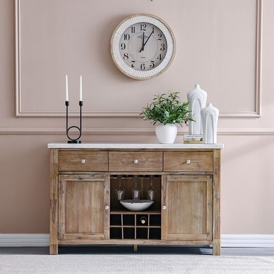 Karrisa Marble Top Buffet Table | 3 Drawers & 3 Doors - White/Natural Oak - With 2-Year Warranty