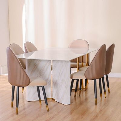 Flamingo 1+6 Dining Set - Grey Marble / Brown - With 2-Year Warranty