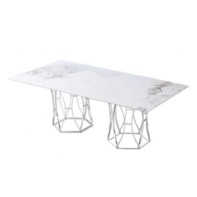 Windsor 1 + 8-Seater Dining Set with Windsor Dining Chairs - White/Chrome - With 2-Year Warranty