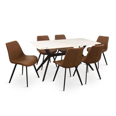 Calus 1 + 6-Seater Dining Set with Calus Dining Chair - Brown/Milky White/Black - With 2-Year Warranty