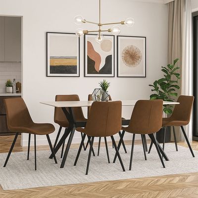 Calus 1 + 6-Seater Dining Set with Calus Dining Chair - Brown/Milky White/Black - With 2-Year Warranty