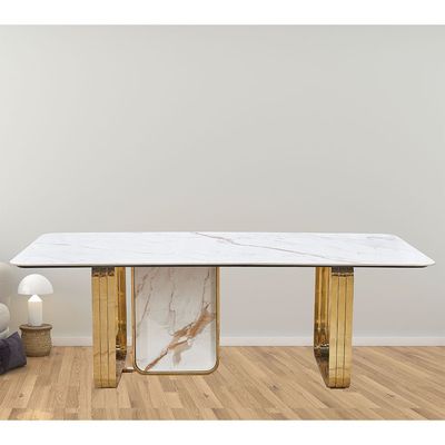 Karson Sintered Stone 8-Seater Dining Table - White/Gold - With 2-Year Warranty