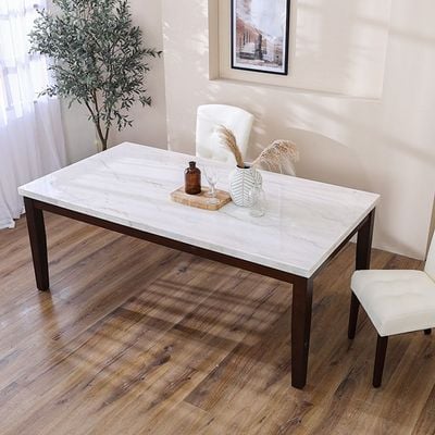 Brody 8-Seater Rectangular Marble Dining Table - White/Dark Walnut - With 2-Year Warranty