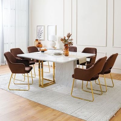 Callista 1+8-Seater Dining Set - White Marble/Brown - With 2-Year Warranty