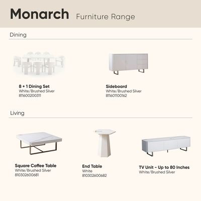 Monarch 1 + 8-Seater Dining Set - White/Brushed Silver - With 2-Year Warranty