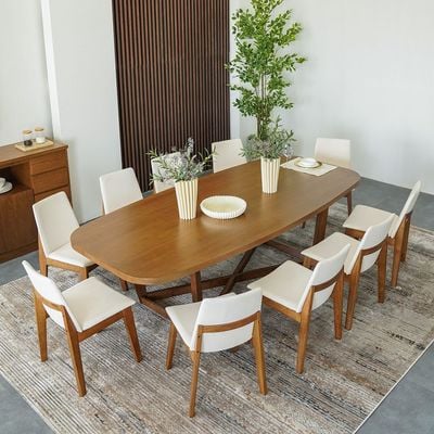 Artilla 1 + 10-Seater Wooden Dining Set - Walnut/Beige - With 2-Year Warranty 