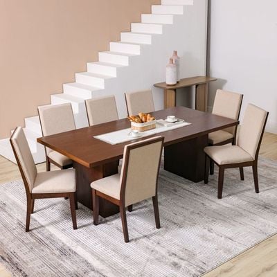 Clarisse 1 + 8-Seater Wooden Dining Set - Walnut/Beige - With 2-Year Warranty