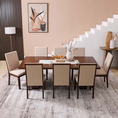 Clarisse 1 + 8-Seater Wooden Dining Set - Walnut/Beige - With 2-Year Warranty