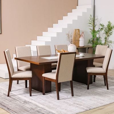 Clarisse 1 + 8-Seater Wooden Dining Set - Walnut/Beige - With 2-Year Warranty