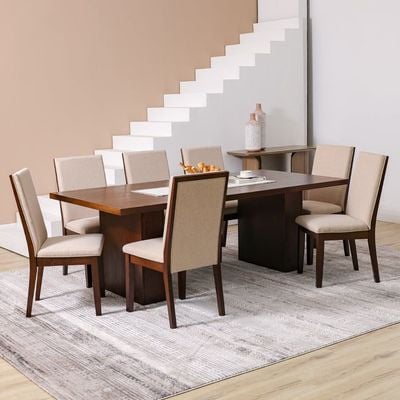 Clarisse 1 + 8-Seater Wooden Dining Set - Walnut/Beige - With 2-Year Warranty