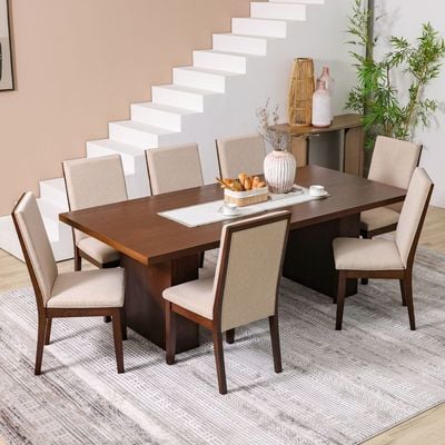 Clarisse 1 + 8-Seater Wooden Dining Set - Walnut/Beige - With 2-Year Warranty