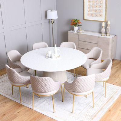 Margaret 1 + 8 Round Dining Set - Beige/Terrazzo/Gold - With 3-Year Warranty