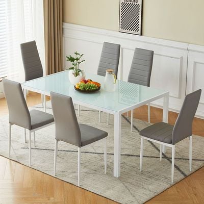 Yattin 1+6 Glass Dining Set - White / Light Grey