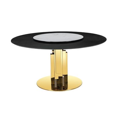 Luceris 1 + 6 Stone Dining Set W/  Lazy Susan- Black / Gold