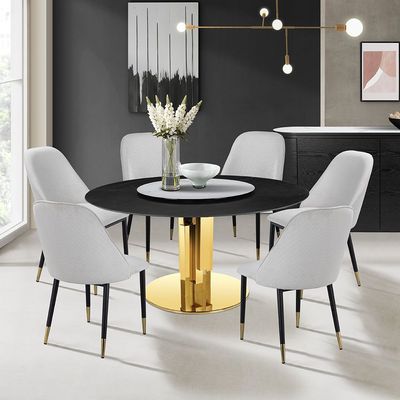 Luceris 1 + 6 Stone Dining Set W/  Lazy Susan- Black / Gold