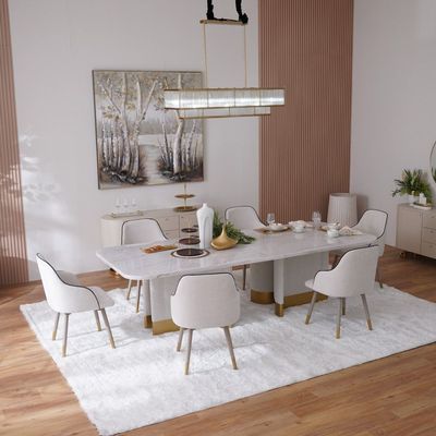 AlLayal 1+10 Marble Dining Set - White /Brushed Gold/Beige