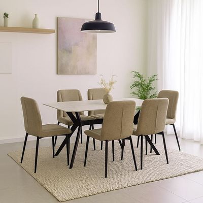 Calus 1 + 6-Seater Dining Set with Calus Dining Chair - Light Brown/Milky White/Black - With 2-Year Warranty