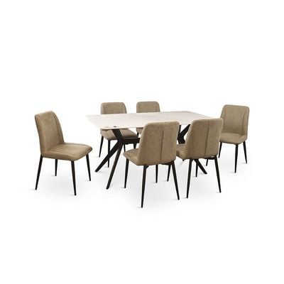 Calus 1 + 6-Seater Dining Set with Calus Dining Chair - Light Brown/Milky White/Black - With 2-Year Warranty
