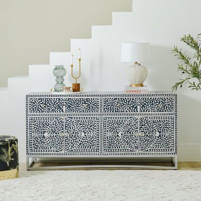 Optical Solid Wood Sideboard - Blue/Silver - With 2-Year Warranty