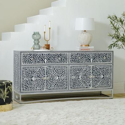 Optical Solid Wood Sideboard - Blue/Silver - With 2-Year Warranty