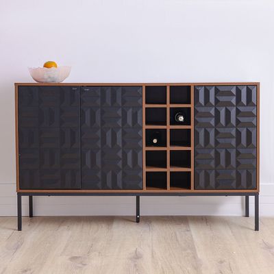 Dello Sideboard W/ 3 Door Storage And Bottle Rack - Walnut / Black