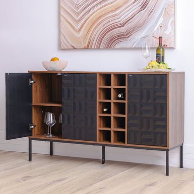 Dello Sideboard with 3-Door Storage and Bottle Rack - Walnut/Black - With 2-Year Warranty