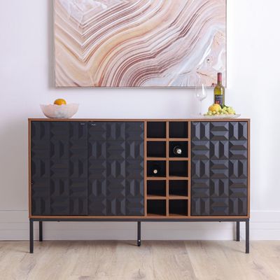 Dello Sideboard W/ 3 Door Storage And Bottle Rack - Walnut / Black