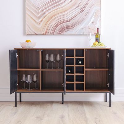 Dello Sideboard W/ 3 Door Storage And Bottle Rack - Walnut / Black