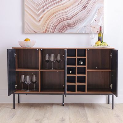 Dello Sideboard W/ 3 Door Storage And Bottle Rack - Walnut / Black