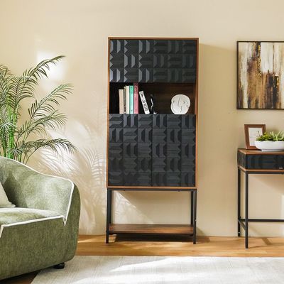 Dello Curio Cabinet W/4 Door Storage And Open Shelf  - Walnut / Black